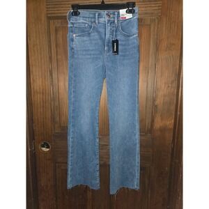 Express Womens Cropped Flare High Rise Jeans Blue Medium Wash Raw Hem Size 0 NEW